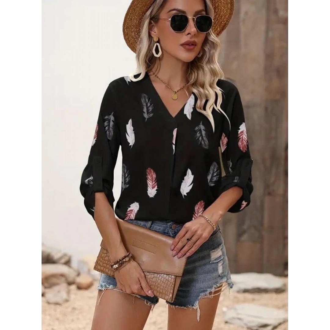 Kadın Yaprak Baskı Ayarlanabilir Fakir Kol Süper Soft Bluz 115568 Kadın Yaprak Baskı Ayarlanabilir Fakir Kol Süper Soft Bluz 115568