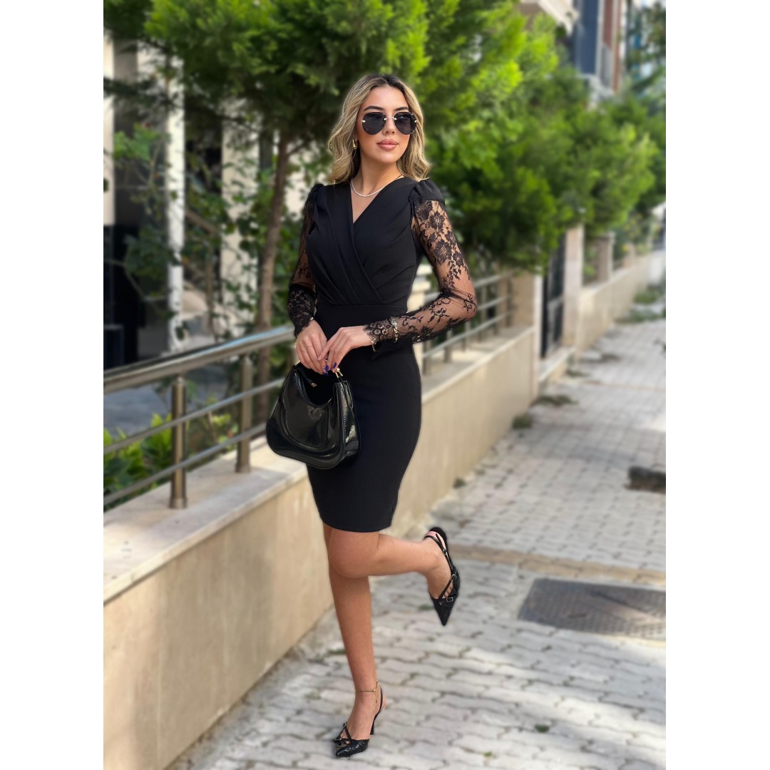 Kadın Uzun Kollu Kruvaze Yaka Kollar Tül Detay Krep Mini Boy Elbise - 132801 Kadın Uzun Kollu Kruvaze Yaka Kollar Tül Detay Krep Mini Boy Elbise - 132801