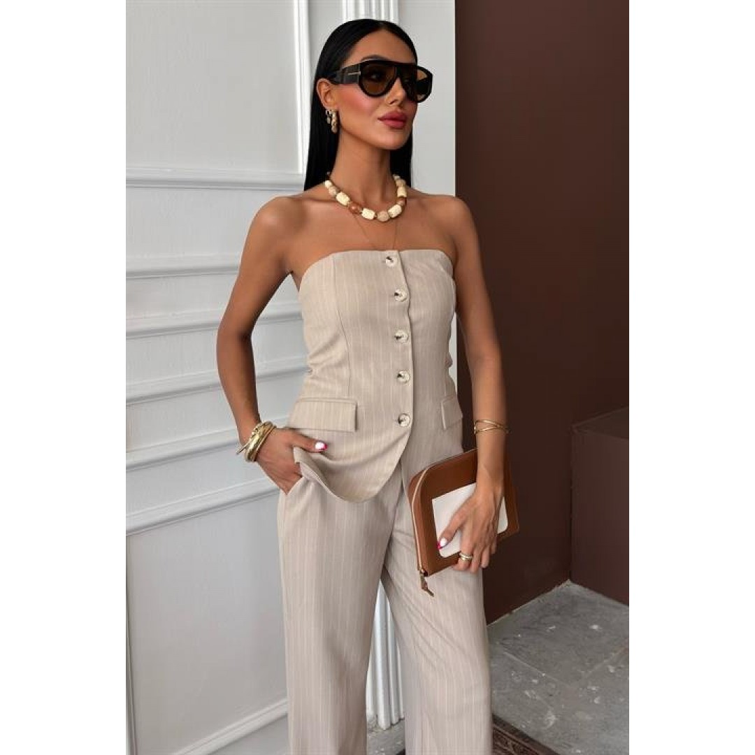 Straplez Büstiyerli Plazzo Pantolonlu Çizgili Takım 10151 159269 Straplez Büstiyerli Plazzo Pantolonlu Çizgili Takım 10151 159269