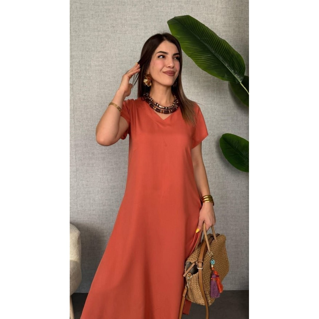 Kadın Kısa Kollu V Yaka Salaş Maxi Boy Elbise - 162483 Kadın Kısa Kollu V Yaka Salaş Maxi Boy Elbise - 162483