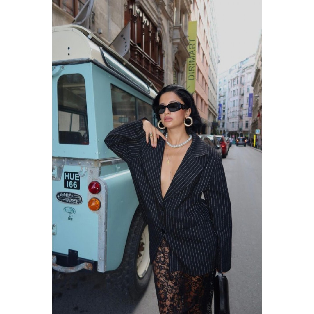 Siyah Çizgili Oversize Ceket - 153641