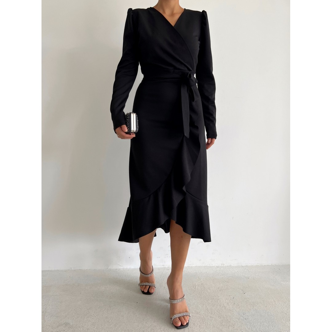 Krep Kumaş Midi Boy Kuşaklı Uzunkol Elbise 113 Cm - 42673 Krep Kumaş Midi Boy Kuşaklı Uzunkol Elbise 113 Cm - 42673