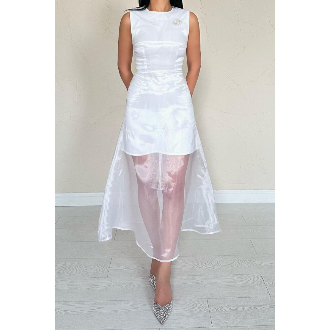 Beyaz Organze Detaylı Atlas Elbise - 154825 Beyaz Organze Detaylı Atlas Elbise - 154825
