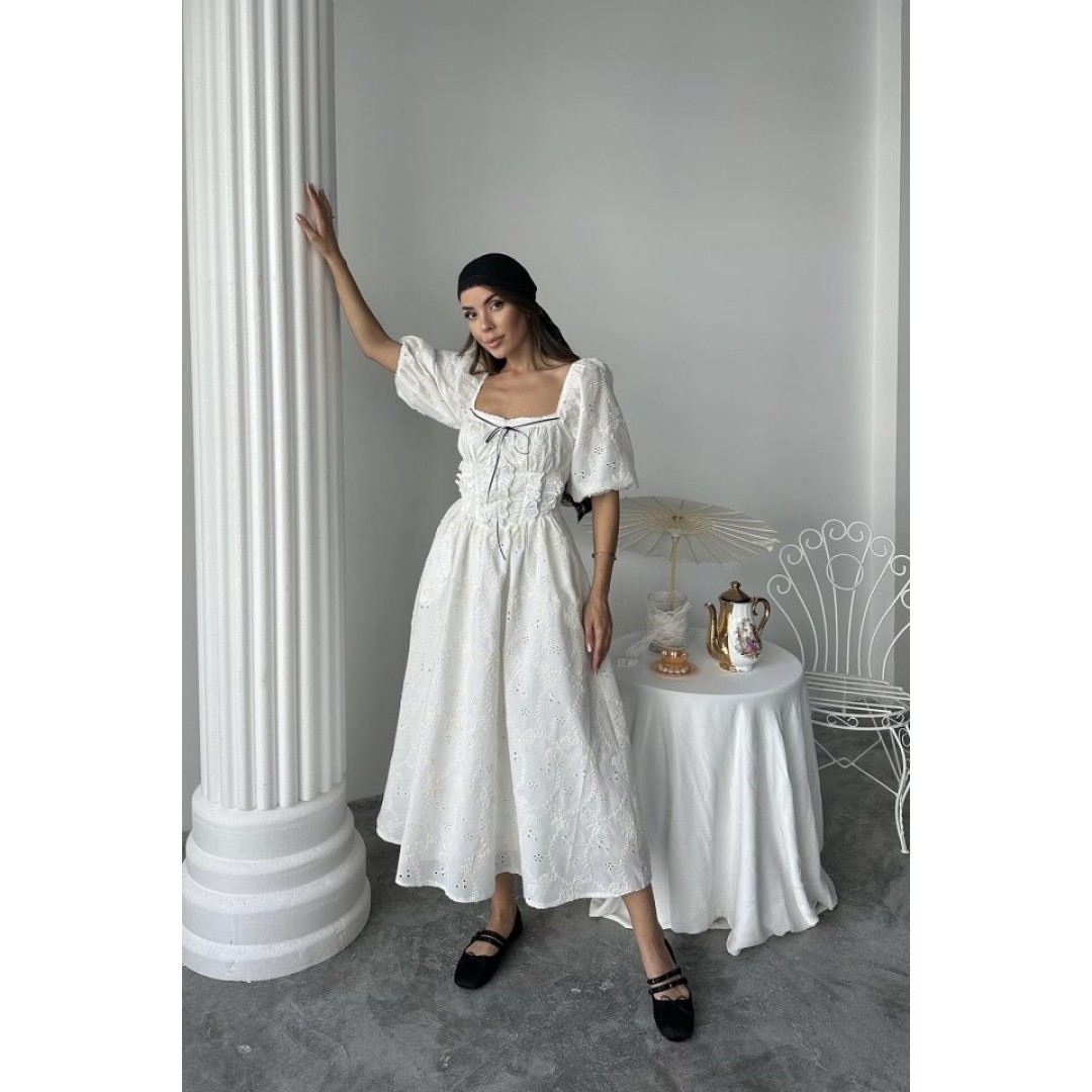 Ekru Dantel Detaylı Brode Elbise - 162537
