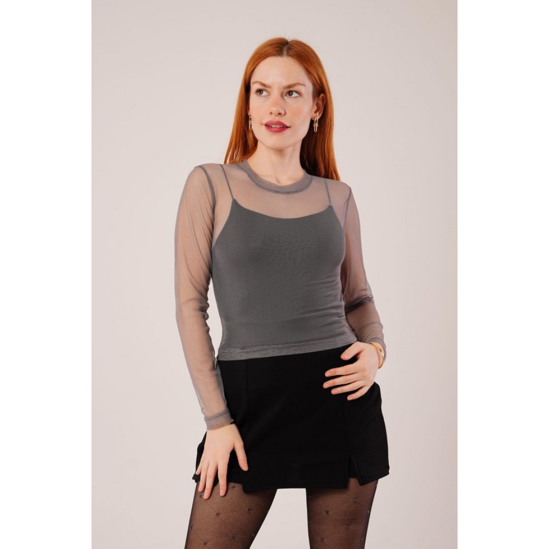 Transparan Gri Tül Basic Bluz