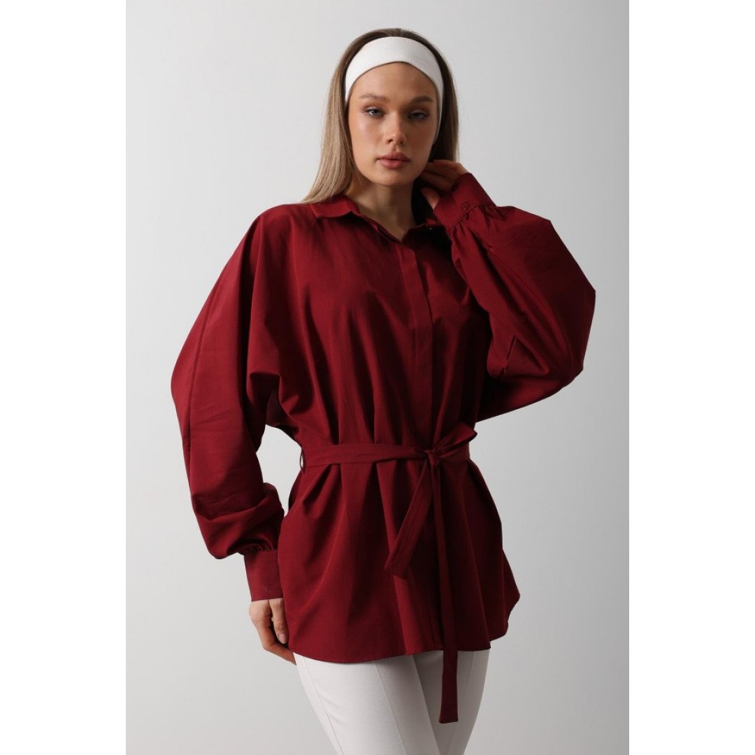 Bel Detaylı Gömlek - Bordo - 154225