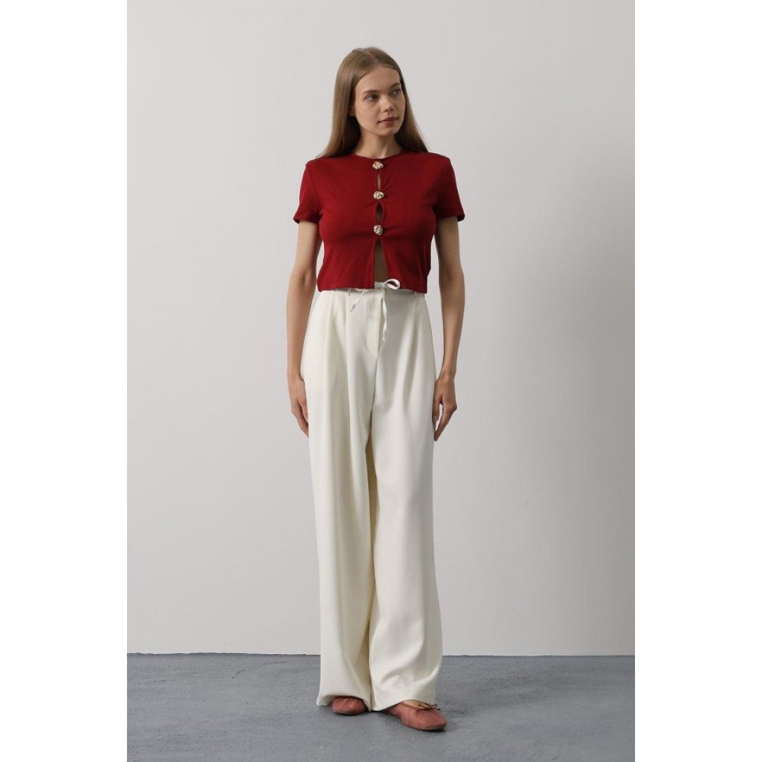 Pileli Bağcıklı Oversize Pantolon - Ekru