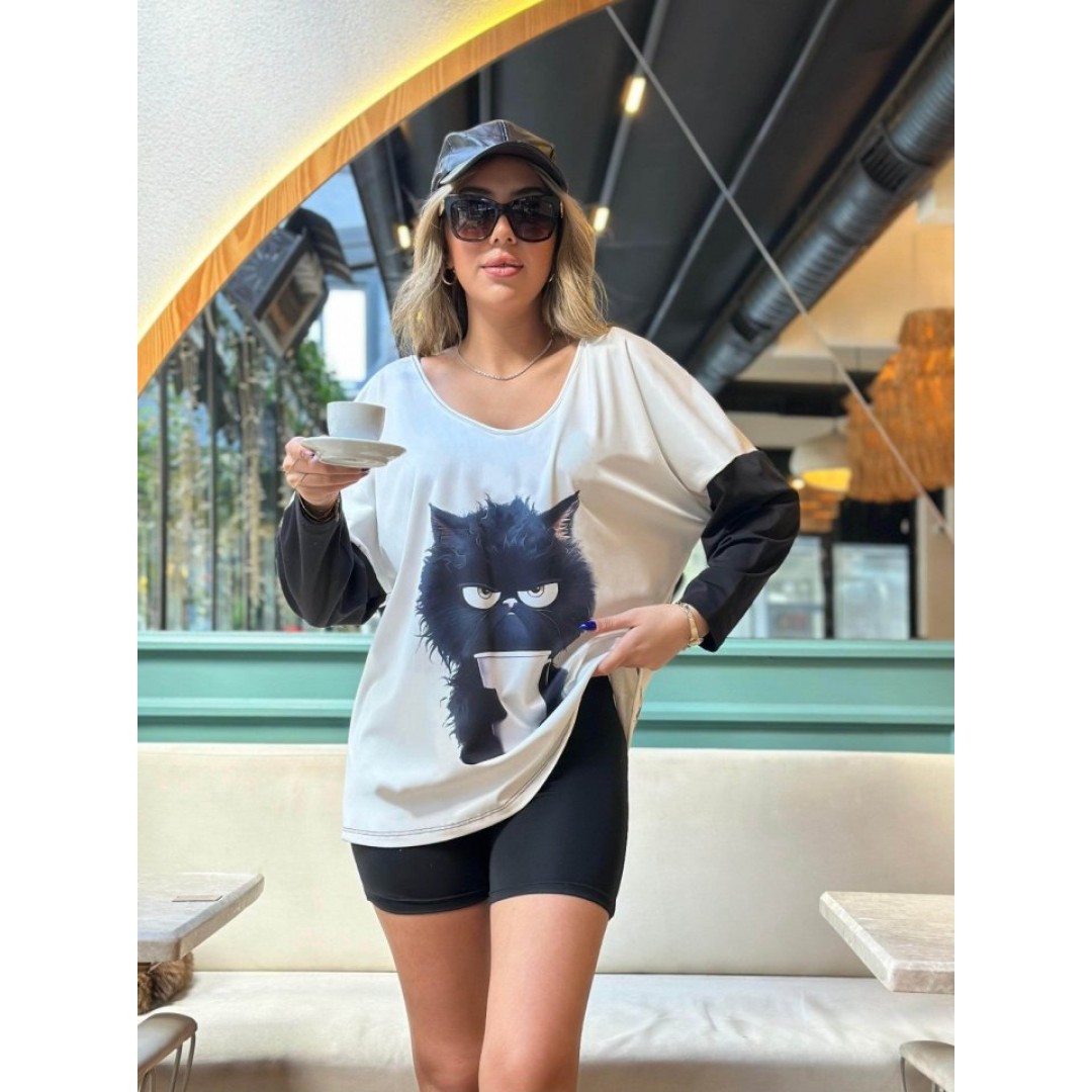Kadın Uzun Kollu V Yakalı Kedi Baskılı şardonlu Dalgıç Bluz - 133538 Kadın Uzun Kollu V Yakalı Kedi Baskılı şardonlu Dalgıç Bluz - 133538