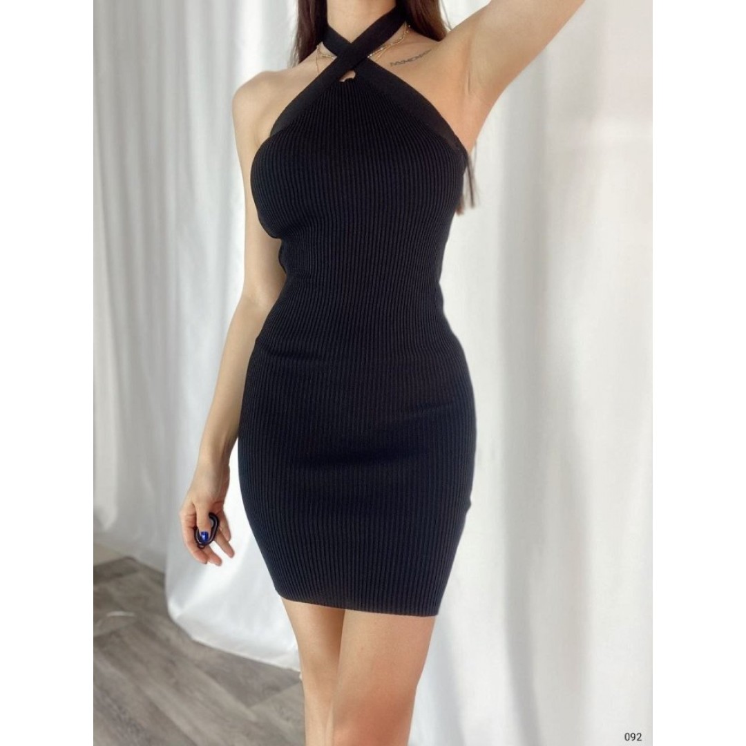 Kadın Çapraz Halter Yaka Detay Triko Mini Elbise - 152901