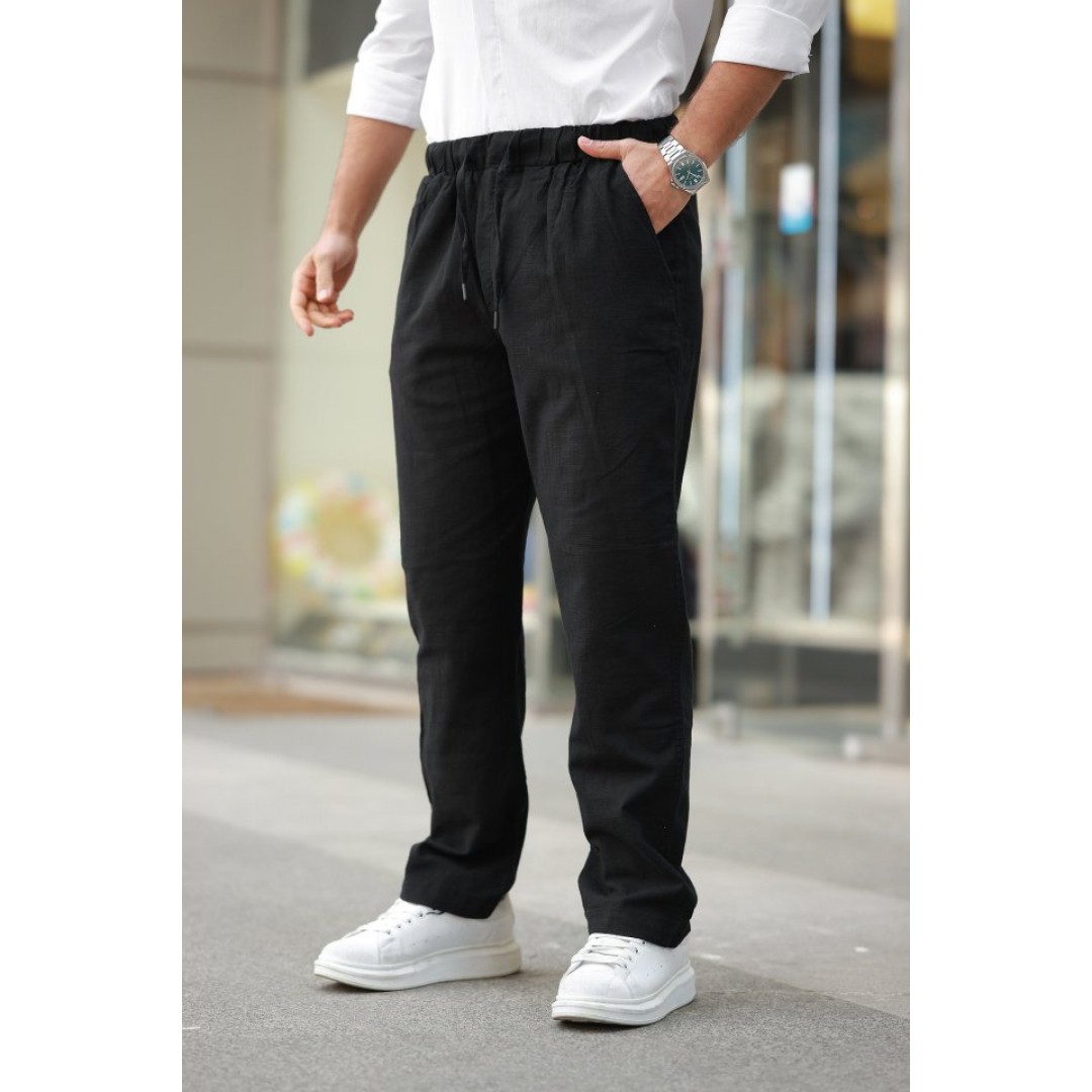 Erkek Beli Lastikli Keten Rahat Pantolon