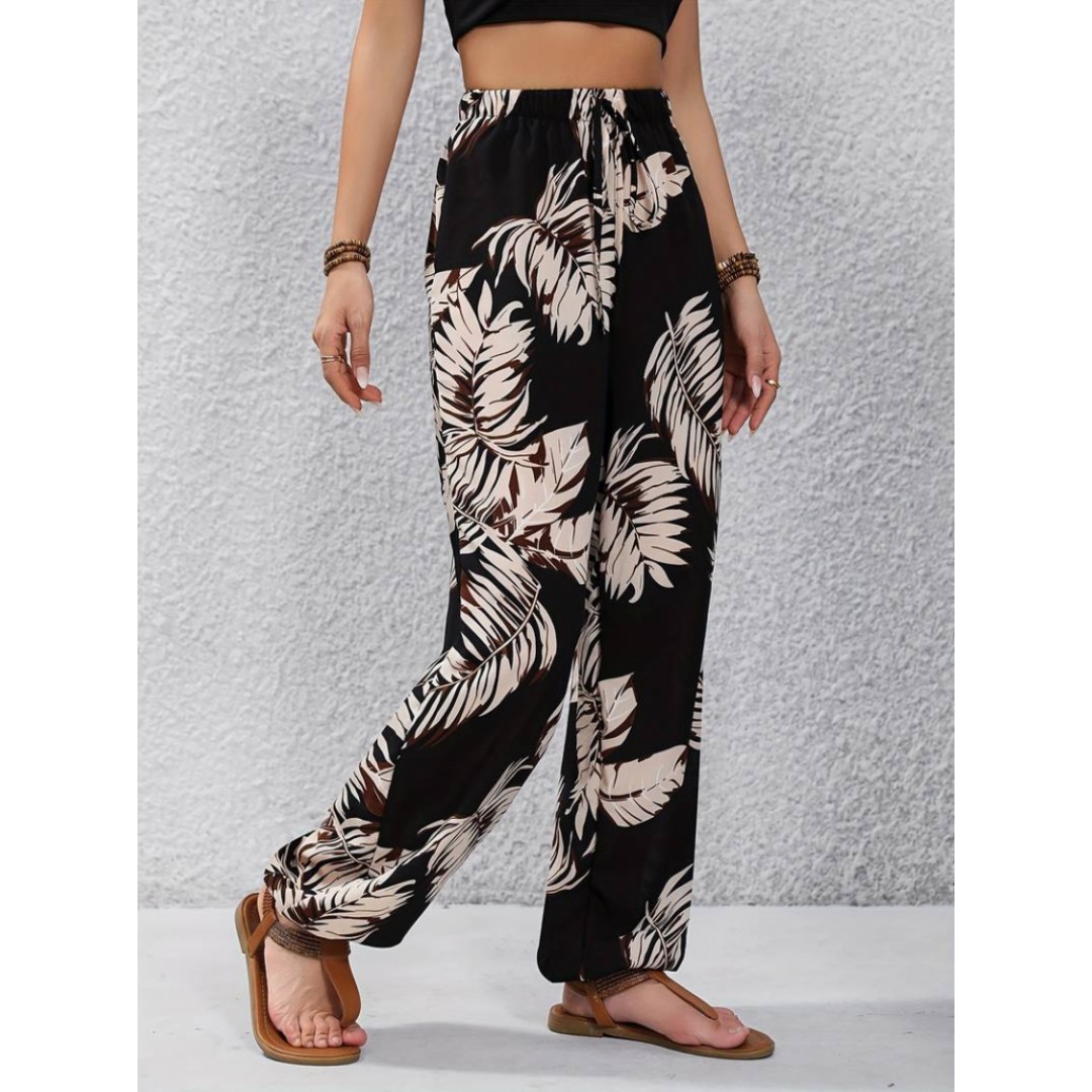 Kadın Beli Ve Paçası Lastikli Yaprak Desen Süprem Kumaş Pantolon - 156232 Kadın Beli Ve Paçası Lastikli Yaprak Desen Süprem Kumaş Pantolon - 156232