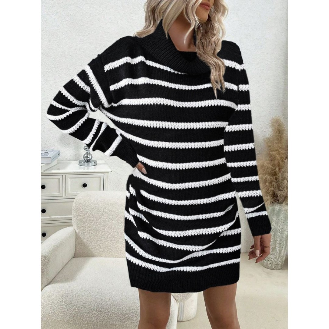 Kadın Uzun Kollu Degaje Yaka çizgili Sonya Iplik Mini Boy Triko Elbise (kemersiz) - 133825 Kadın Uzun Kollu Degaje Yaka çizgili Sonya Iplik Mini Boy Triko Elbise (kemersiz) - 133825