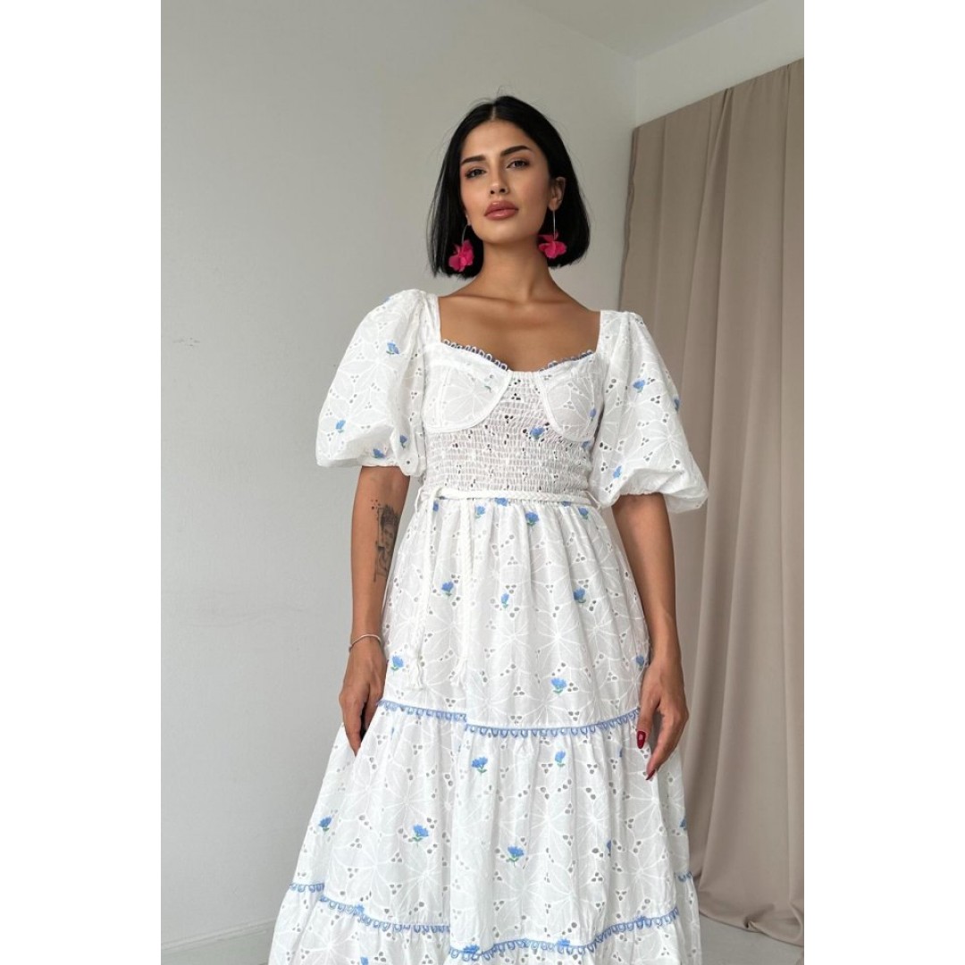 Mavi Dantel Detaylı Brode Elbise - 153662