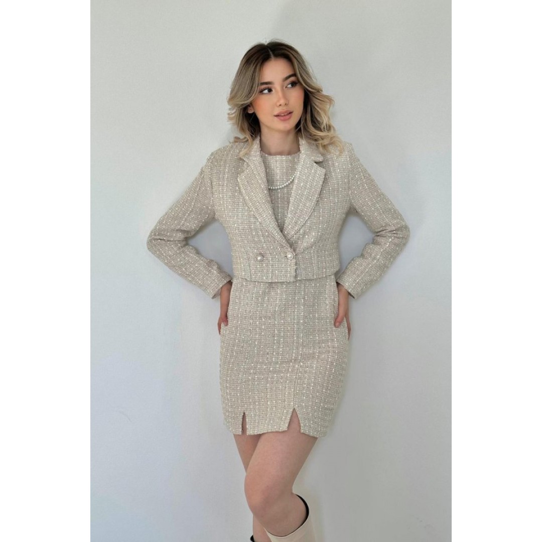 Bej Düğmeli Ceket Ve Elbise Takım - 152317 Bej Düğmeli Ceket Ve Elbise Takım - 152317