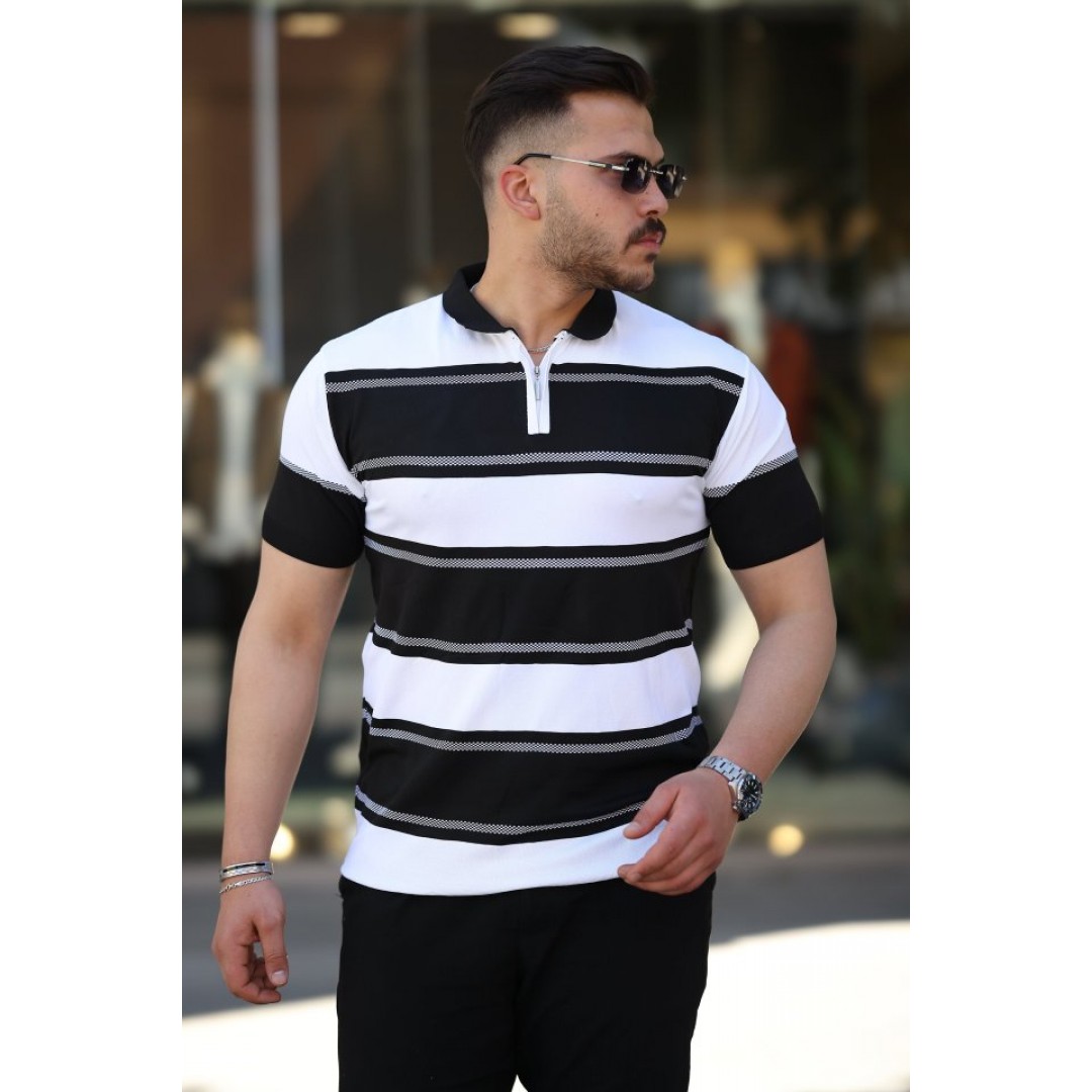 Erkek Yakalı Fermuarlı çift Renk Kısa Kollu T-shirt