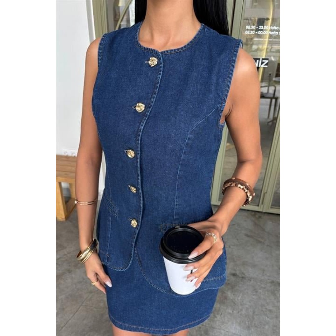 Kolsuz Yelekli Mini Etekli Denim Takım 10164 - 159266 Kolsuz Yelekli Mini Etekli Denim Takım 10164 - 159266