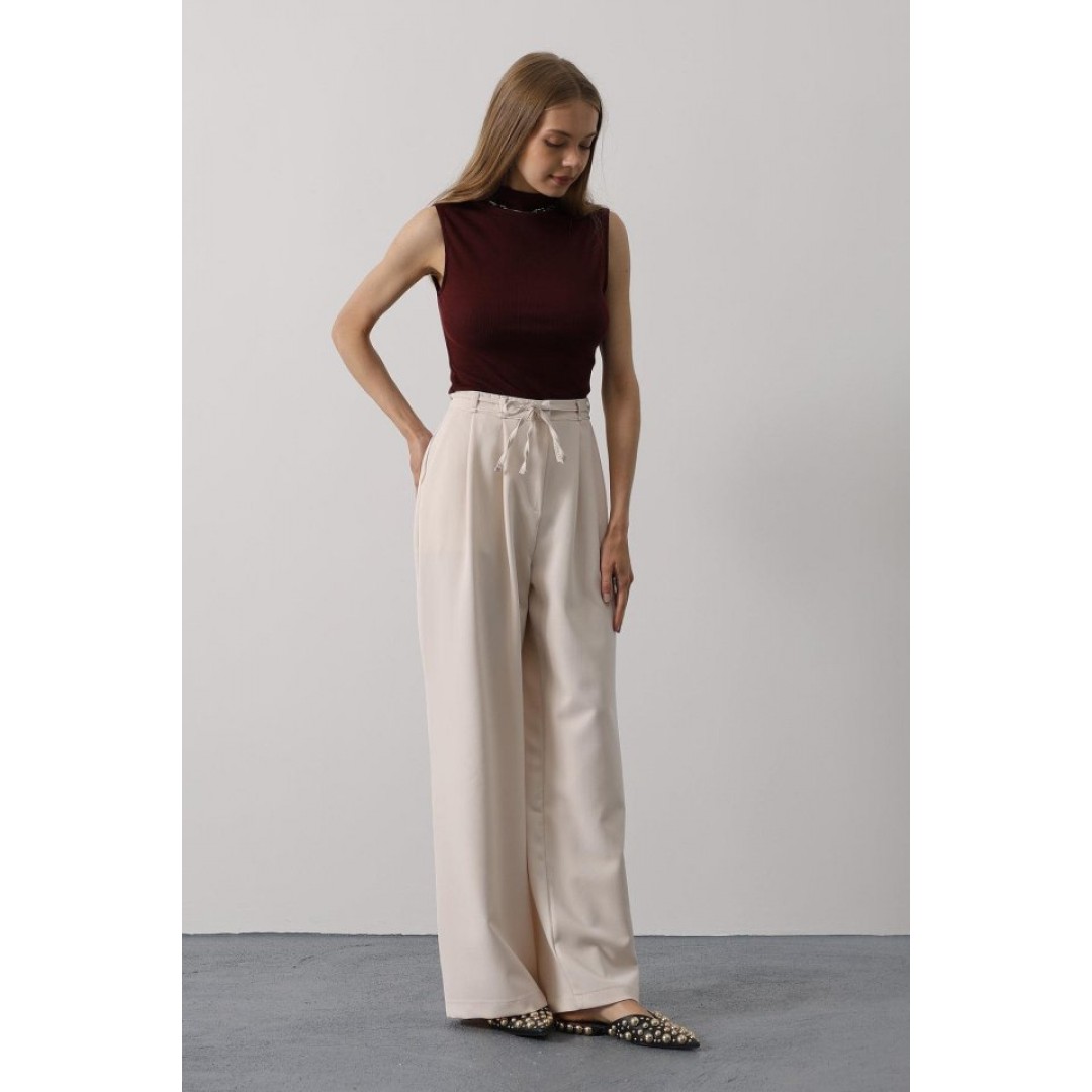 Pileli Bağcıklı Oversize Pantolon - Bej