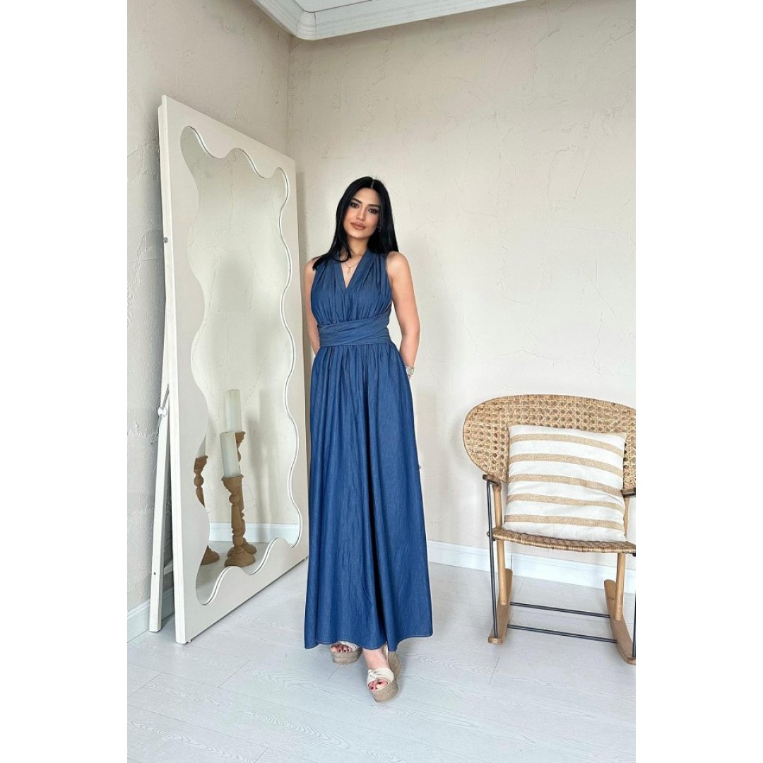 Mavi Tencel Bağlamalı Elbise - 155549 Mavi Tencel Bağlamalı Elbise - 155549