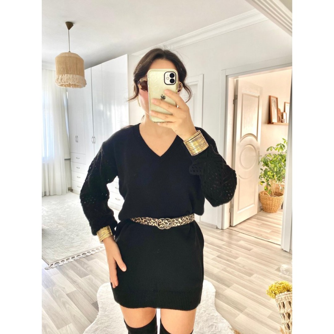 Kadın Uzun Kollu V Yakalı Mini Triko Elbise - 132903 Kadın Uzun Kollu V Yakalı Mini Triko Elbise - 132903