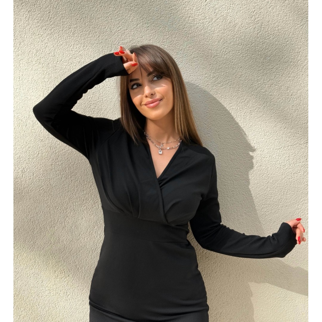 Kadın Uzun Kollu Kruvaze Yaka Krep Mini Boy Elbise - 135180 Kadın Uzun Kollu Kruvaze Yaka Krep Mini Boy Elbise - 135180