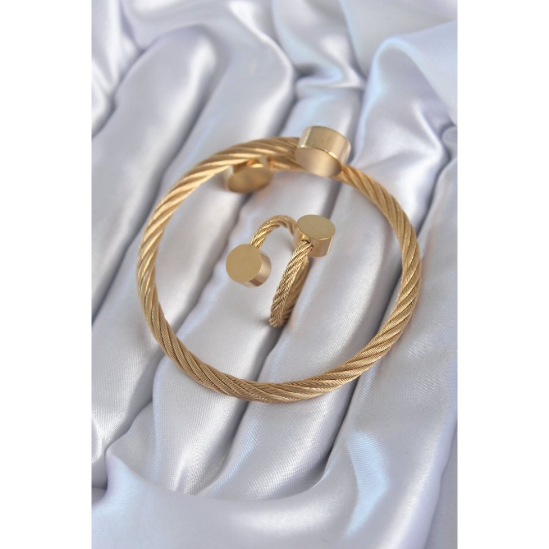 316L Çelik Gold Renk Sarmal Model Erkek Bileklik Yüzük Kombini 77824 316L Çelik Gold Renk Sarmal Model Erkek Bileklik Yüzük Kombini 77824