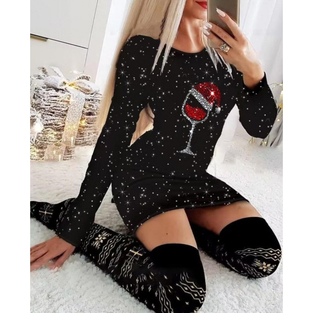 Kadın Uzun Kollu Taş Kadeh Baskı Mikro Mini Boy Elbise - 136361 Kadın Uzun Kollu Taş Kadeh Baskı Mikro Mini Boy Elbise - 136361