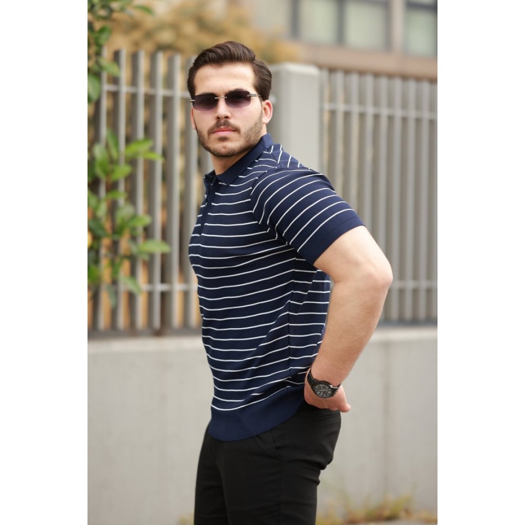 Erkek Fermuar Yakalı çizgili Kısa Kollu T-shirt 160697
