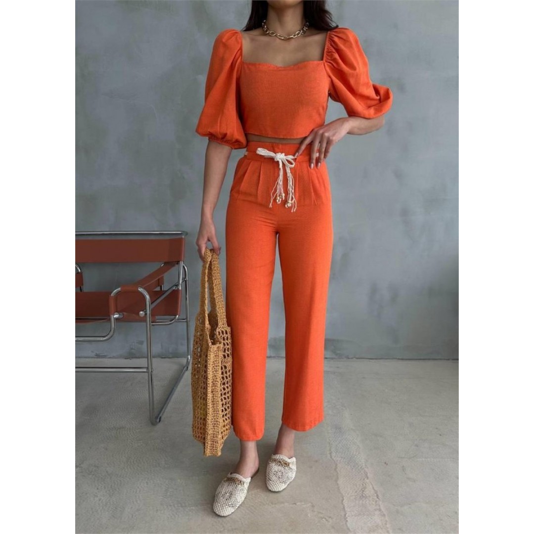 KETEN CROP KARPUZ KOL BLUZ-PANTOLON HASIR KEMERLİ - Orange 152495 KETEN CROP KARPUZ KOL BLUZ-PANTOLON HASIR KEMERLİ - Orange 152495