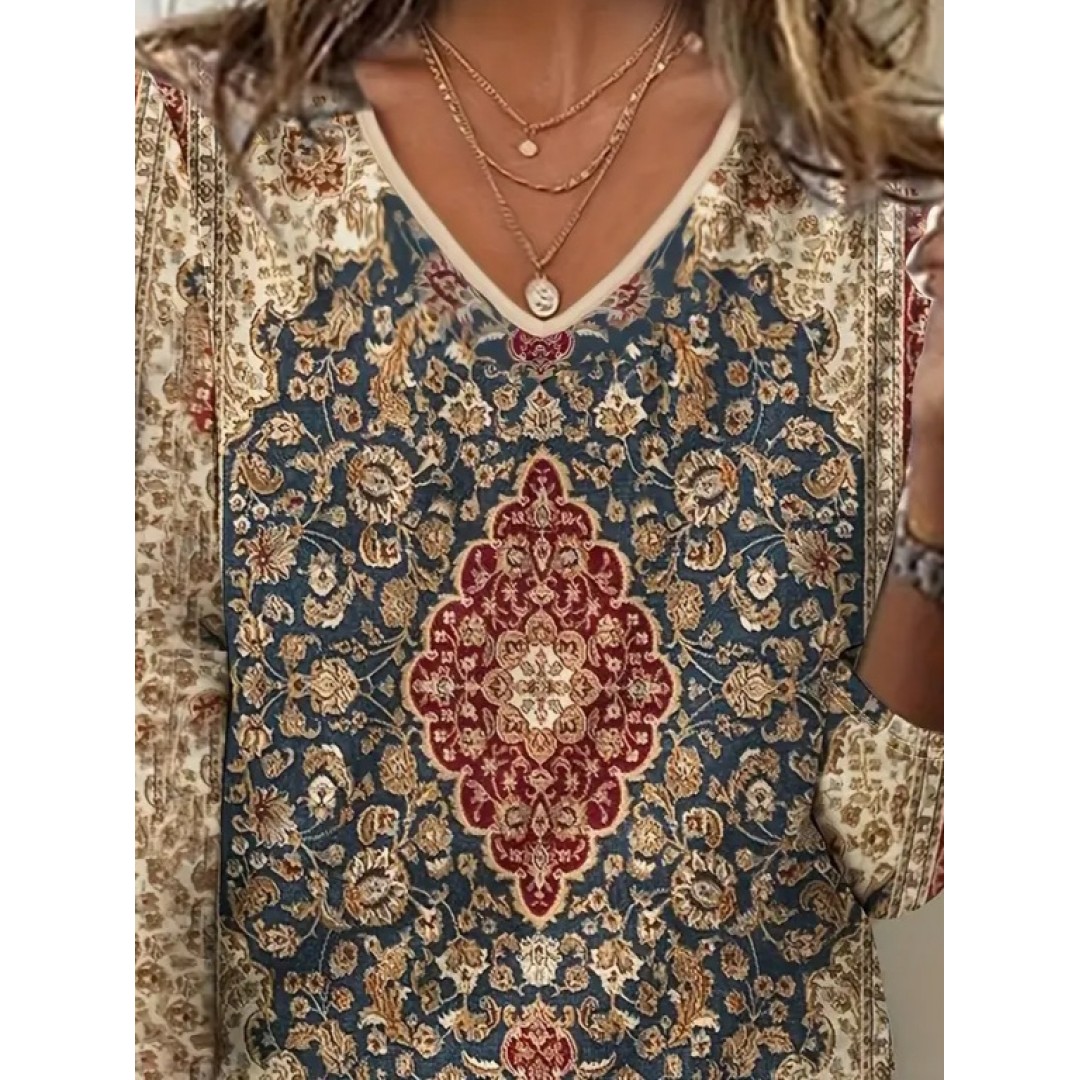 Kadın Fakir Kollu V Yakalı Etnik Desenli Süprem Bluz 131088 Kadın Fakir Kollu V Yakalı Etnik Desenli Süprem Bluz 131088