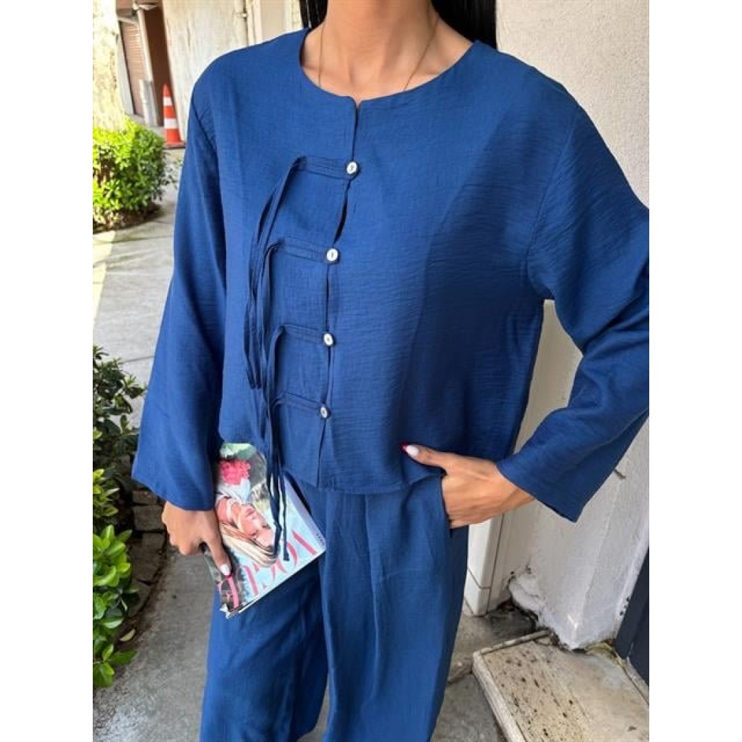 Önü İnce Kordon Detaylı Ve Double Paça Pantolonlu Takım 10180 - 159417 Önü İnce Kordon Detaylı Ve Double Paça Pantolonlu Takım 10180 - 159417