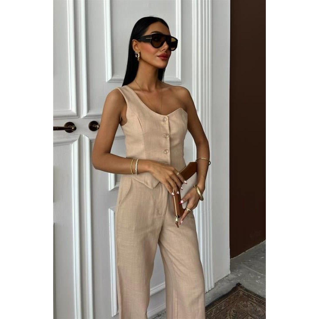 Tek Omuz Büstiyer Plazzo Pantolon Viscon Takım 10159 - 159273 Tek Omuz Büstiyer Plazzo Pantolon Viscon Takım 10159 - 159273