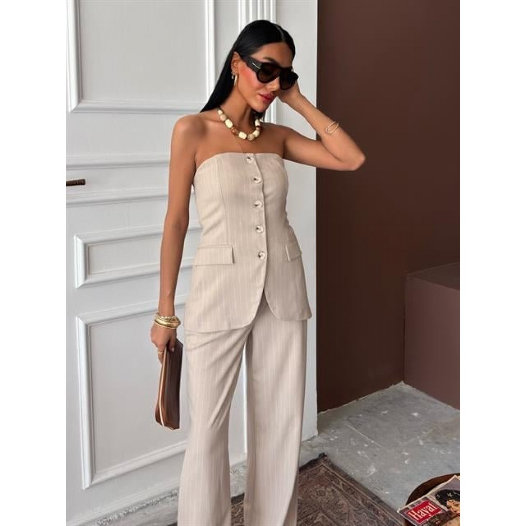 Straplez Büstiyerli Plazzo Pantolonlu Çizgili Takım 10151 159269 Straplez Büstiyerli Plazzo Pantolonlu Çizgili Takım 10151 159269