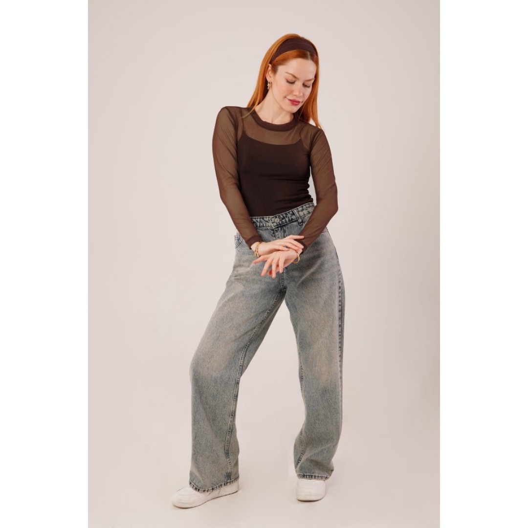 Transparan Kahverengi Tül Basic Bluz 148065 Transparan Kahverengi Tül Basic Bluz 148065