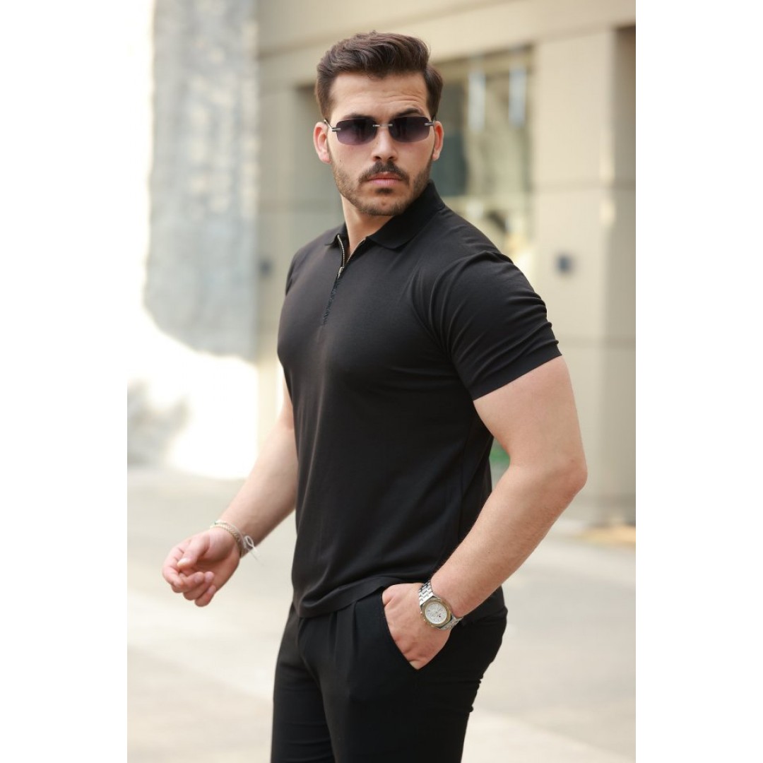 Erkek Deri Panel Detaylı Fermuar Yakalı Kısa Kollu Tişört 163460 Erkek Deri Panel Detaylı Fermuar Yakalı Kısa Kollu Tişört 163460