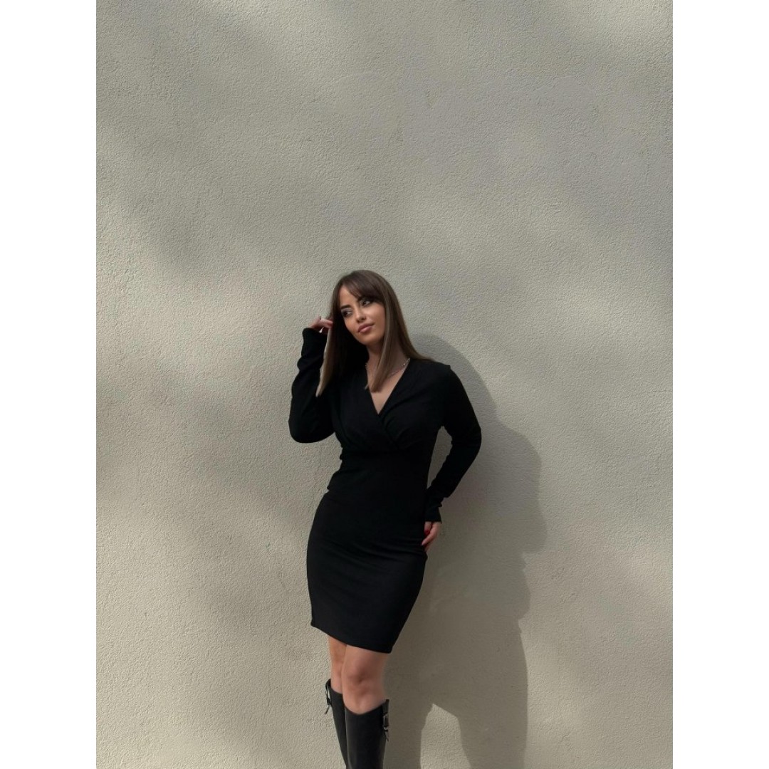 Kadın Uzun Kollu Kruvaze Yaka Krep Mini Boy Elbise - 135254 Kadın Uzun Kollu Kruvaze Yaka Krep Mini Boy Elbise - 135254