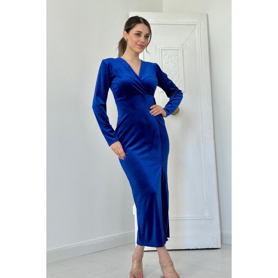 Saks Eteği Yırtmaçlı Kadife Elbise - 151724 Saks Eteği Yırtmaçlı Kadife Elbise - 151724