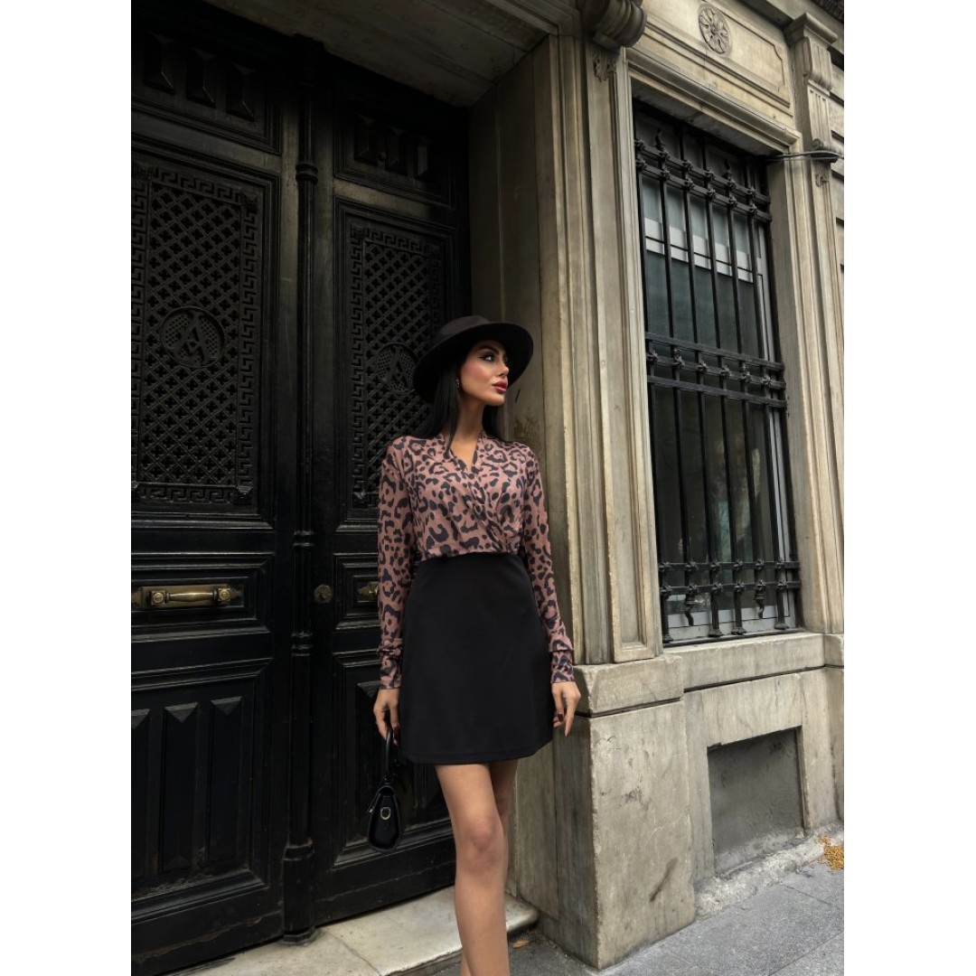 Kadın Uzun Kollu Kruvaze Yaka Krep Mini Boy Elbise - 134284 Kadın Uzun Kollu Kruvaze Yaka Krep Mini Boy Elbise - 134284