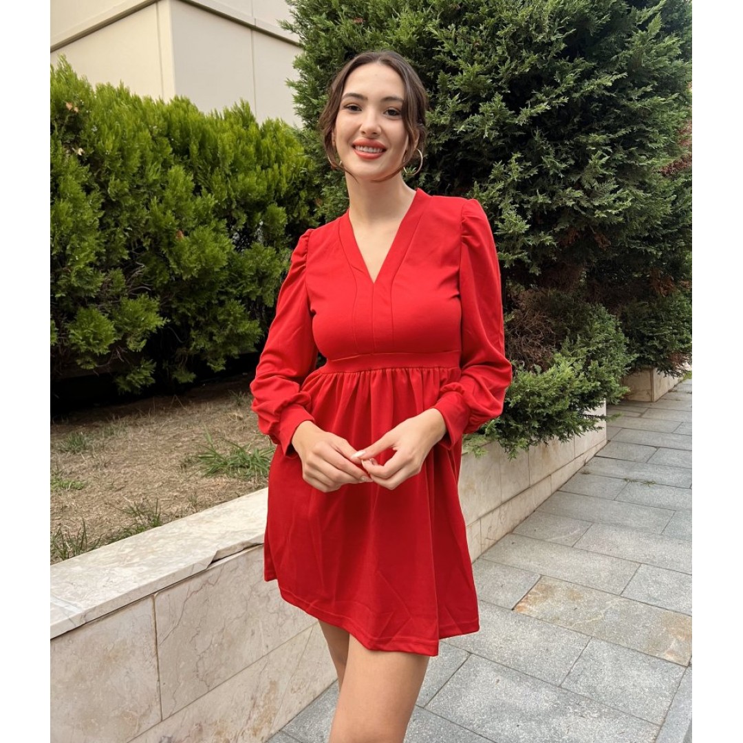 Kadın Uzun Kollu V Yaka Belden Hafif Pileli Scuba Krep Mini Boy Elbise - 132714 Kadın Uzun Kollu V Yaka Belden Hafif Pileli Scuba Krep Mini Boy Elbise - 132714