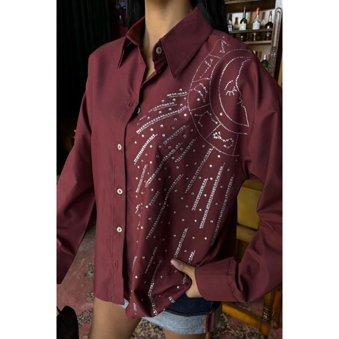 Ay Figürlü Taş İşlemeli Poplin Gömlek 3440 158501 Ay Figürlü Taş İşlemeli Poplin Gömlek 3440 158501