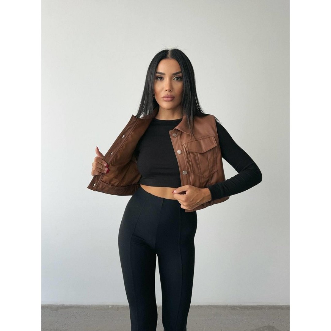 DERİ CROP YELEK - Kahverengi