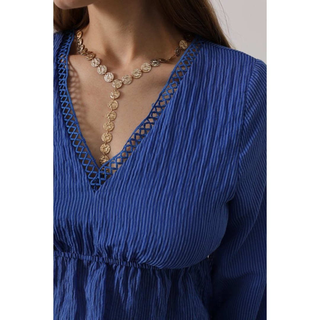 V Yaka Dantelli Bluz - Mavi 162846 V Yaka Dantelli Bluz - Mavi 162846
