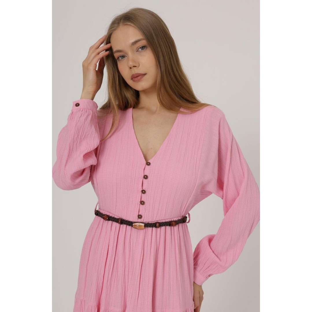 Önü Yarım Düğmeli Uzun Kol Kemerli Elbise - Pembe - 162564 Önü Yarım Düğmeli Uzun Kol Kemerli Elbise - Pembe - 162564