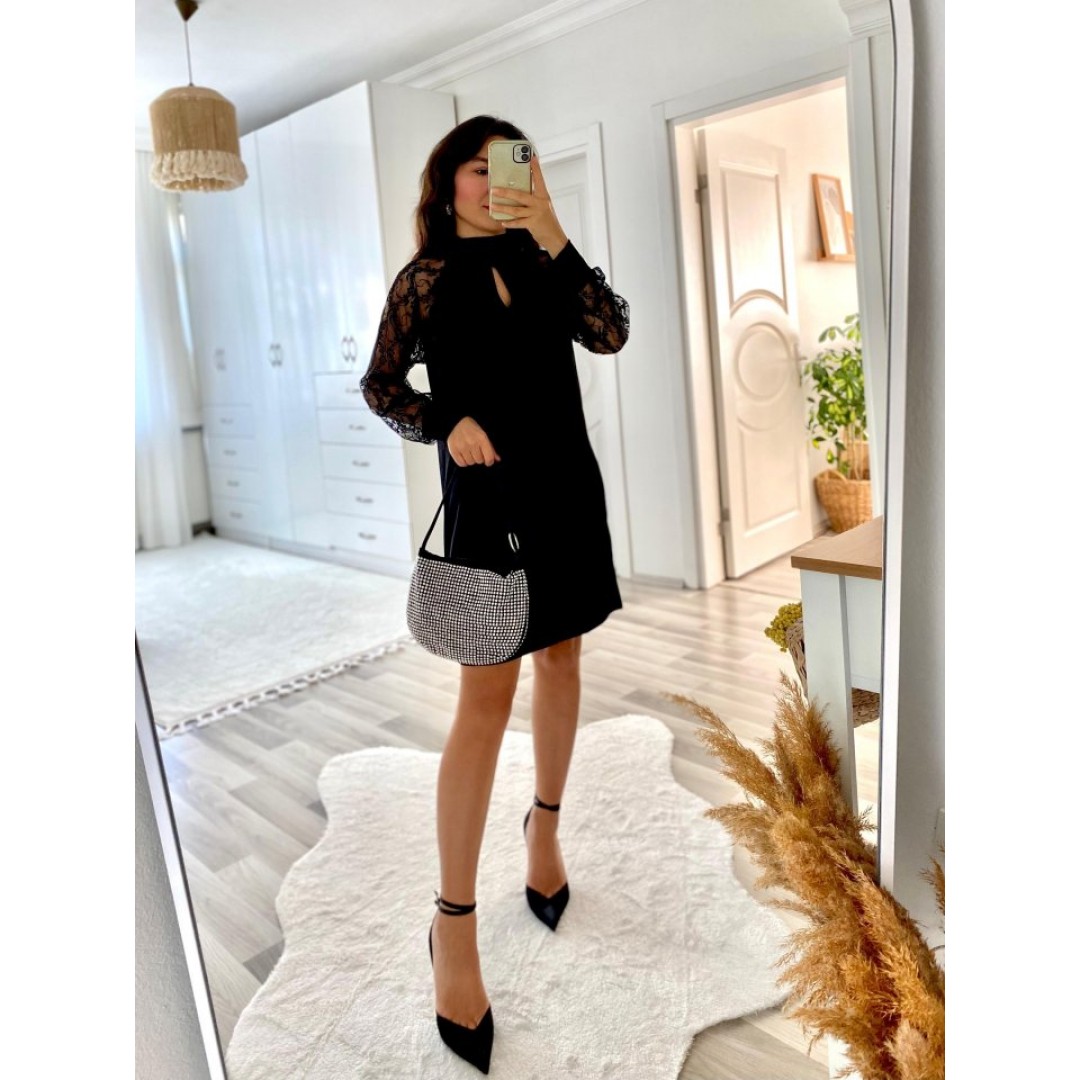 Kadın Uzun Kollu Tül Detay Sandy Mini Boy Elbise - 132965 Kadın Uzun Kollu Tül Detay Sandy Mini Boy Elbise - 132965