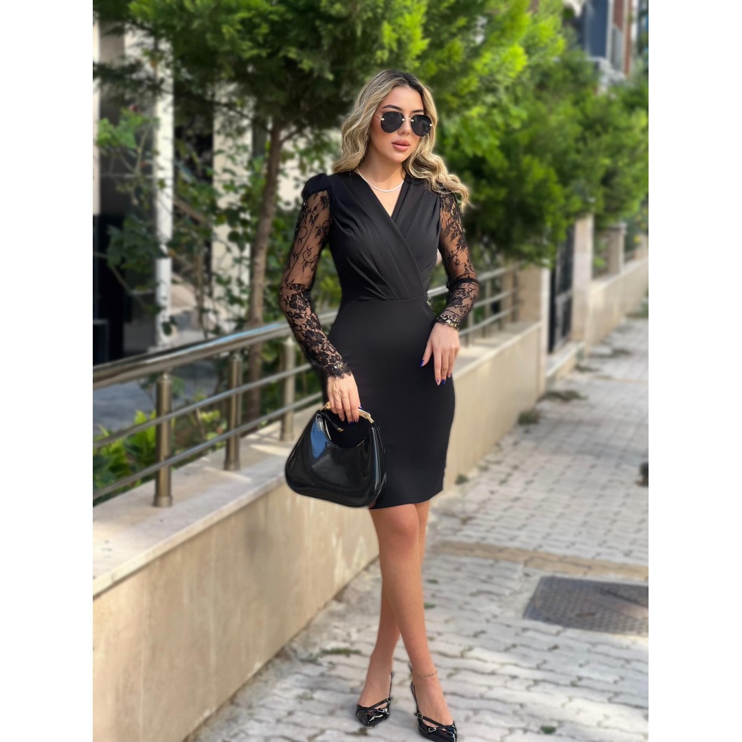 Kadın Uzun Kollu Kruvaze Yaka Kollar Tül Detay Krep Mini Boy Elbise - 132801 Kadın Uzun Kollu Kruvaze Yaka Kollar Tül Detay Krep Mini Boy Elbise - 132801