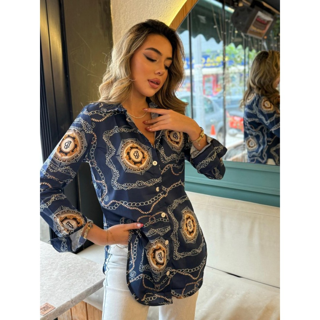 Kadın Uzun Kollu Yanları Yırtmaç Detay Desenli Gömlek - 136252 Kadın Uzun Kollu Yanları Yırtmaç Detay Desenli Gömlek - 136252