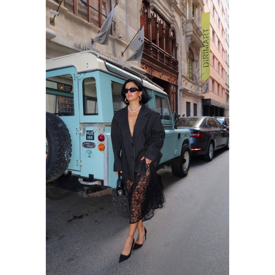 Siyah Çizgili Oversize Ceket - 153641