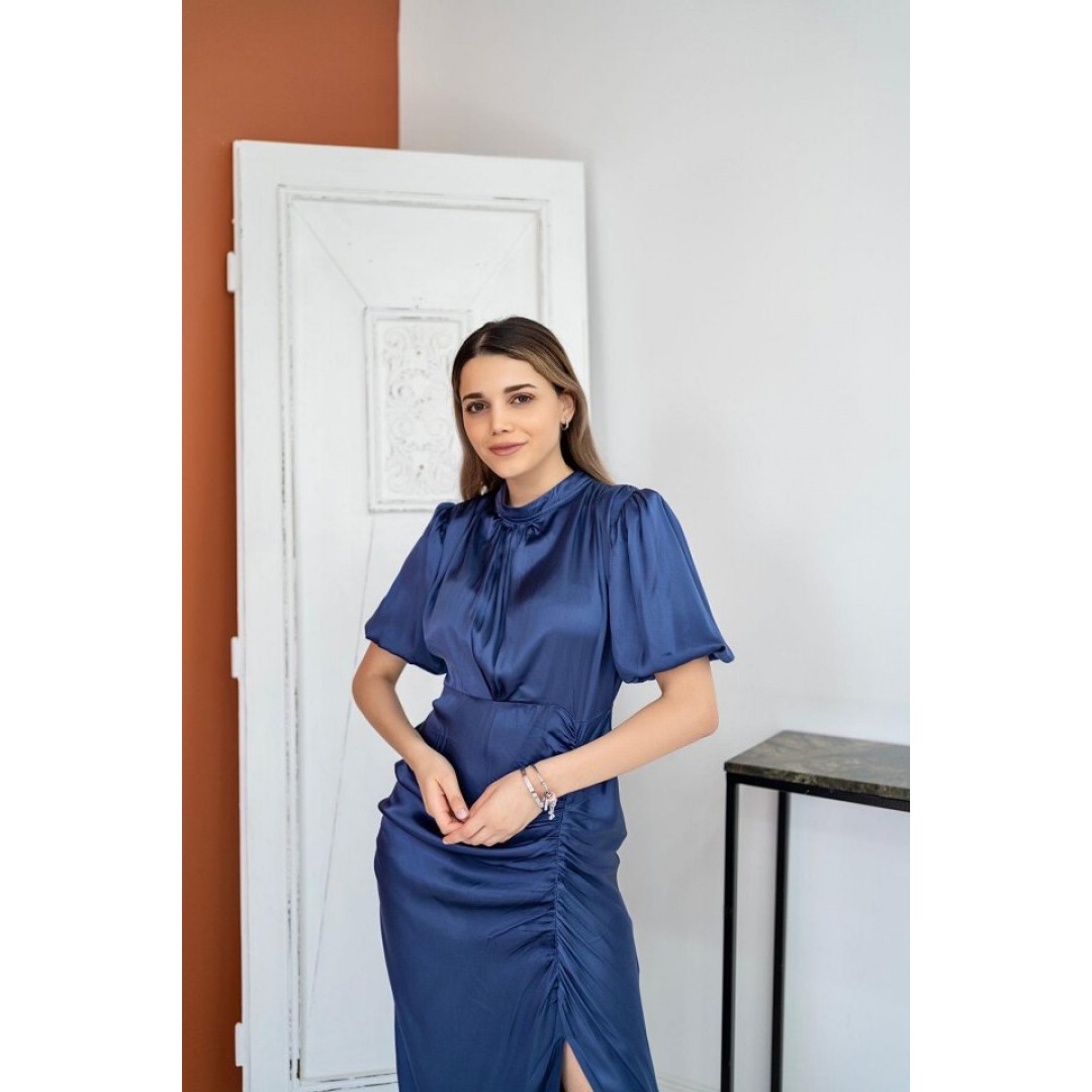 İndigo Büzgülü Saten Elbise - 149079 İndigo Büzgülü Saten Elbise - 149079