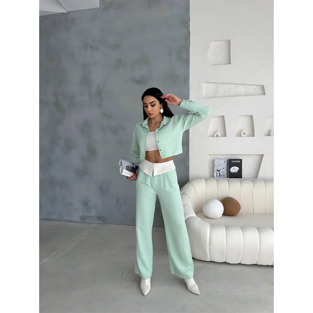 KETEN GÖMLEK-CROP-SALAŞ PANTOLON TAKIM - Mint