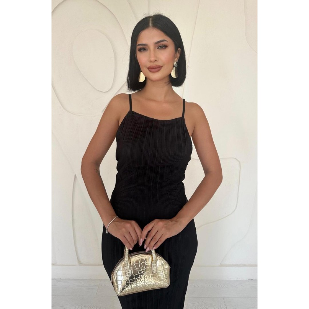 Siyah Piliseli Halter Boyun Elbise 153324 Siyah Piliseli Halter Boyun Elbise 153324