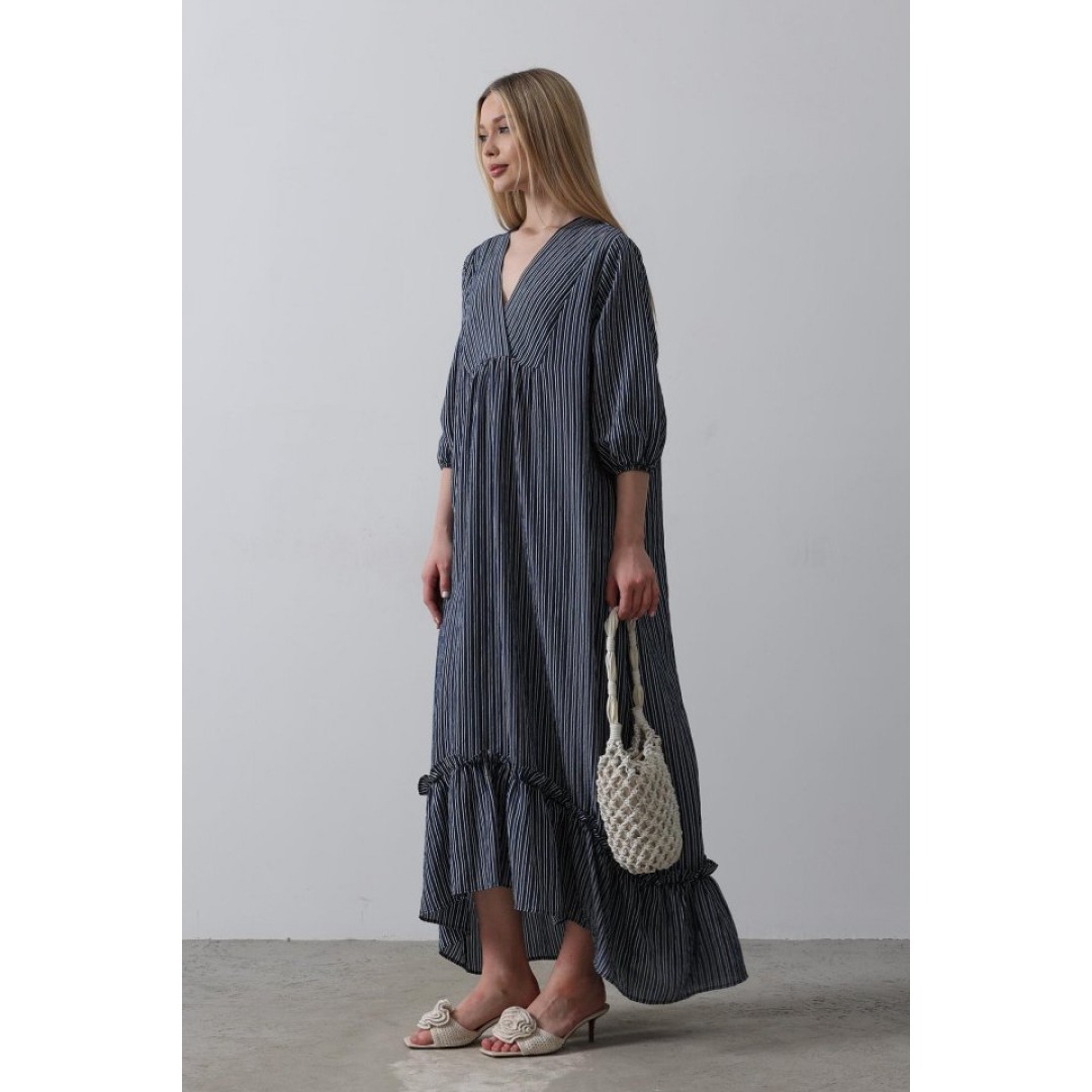 Çizgili Oversize V Yaka Elbise - Lacivert - 154466 Çizgili Oversize V Yaka Elbise - Lacivert - 154466
